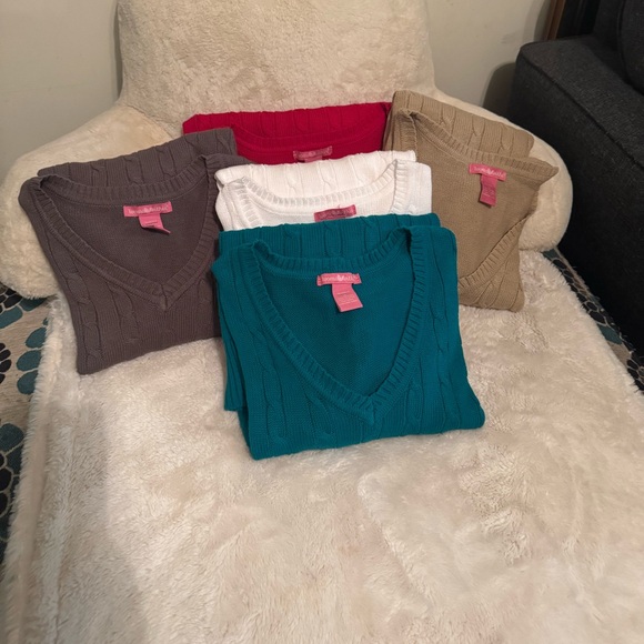 Woman Within Plus Size V-Neck Sweater Bundle- Red White Teal Grey and Tan